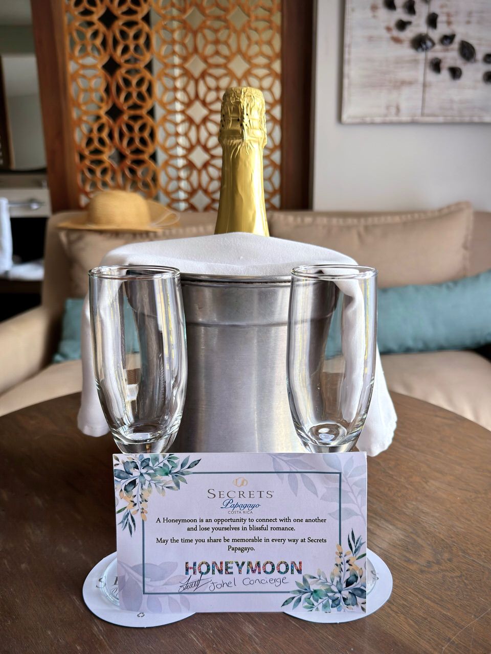 A bottle of champagne delivered to our room.