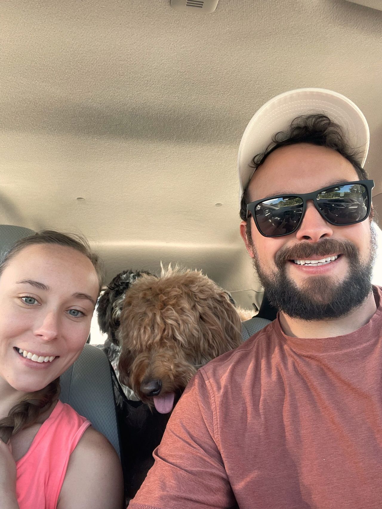 Holly, Remi and Sam in the car on the way to the beach.