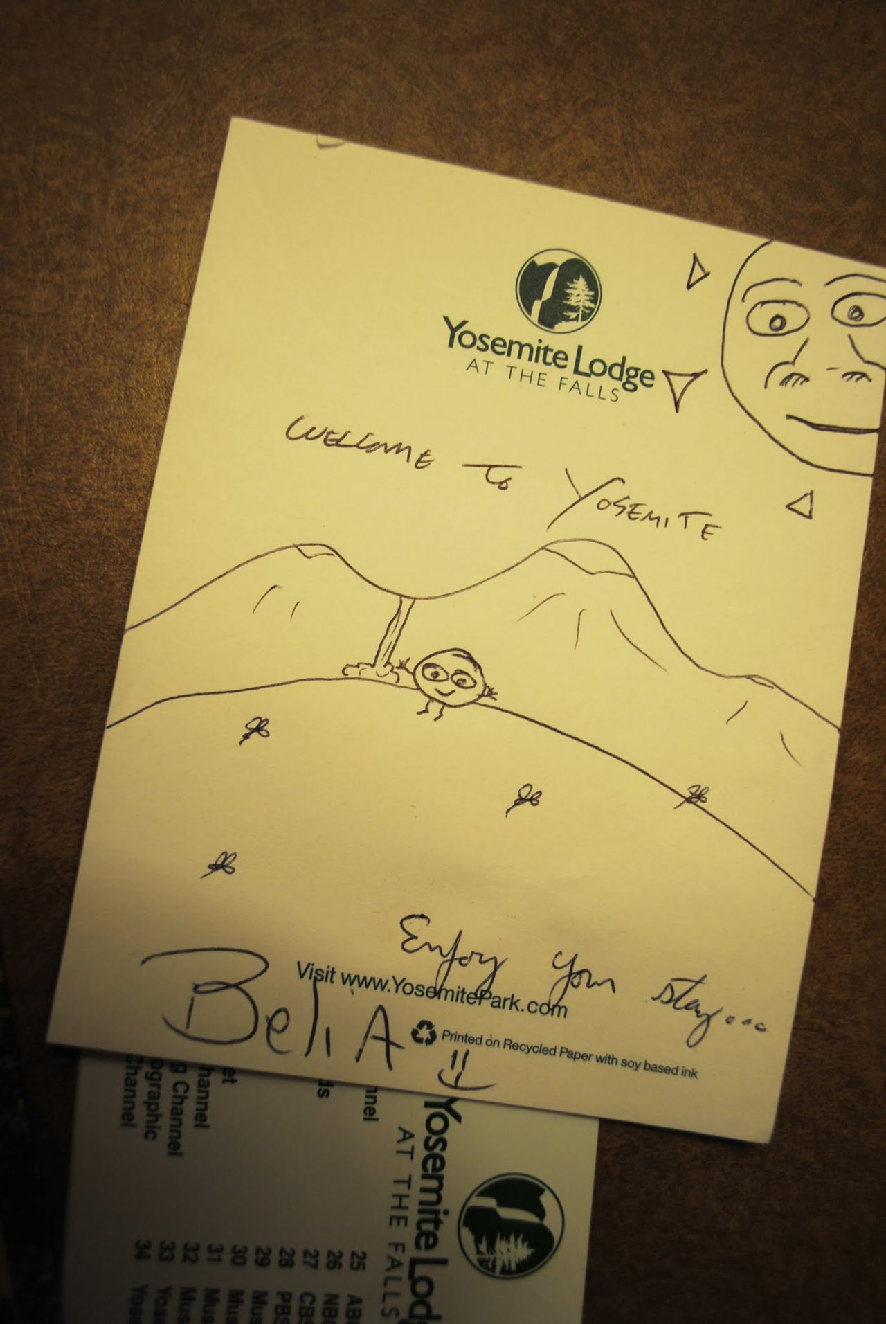Welcome to Yosemite! Enjoy your stay... is written on a yellow sticky note.