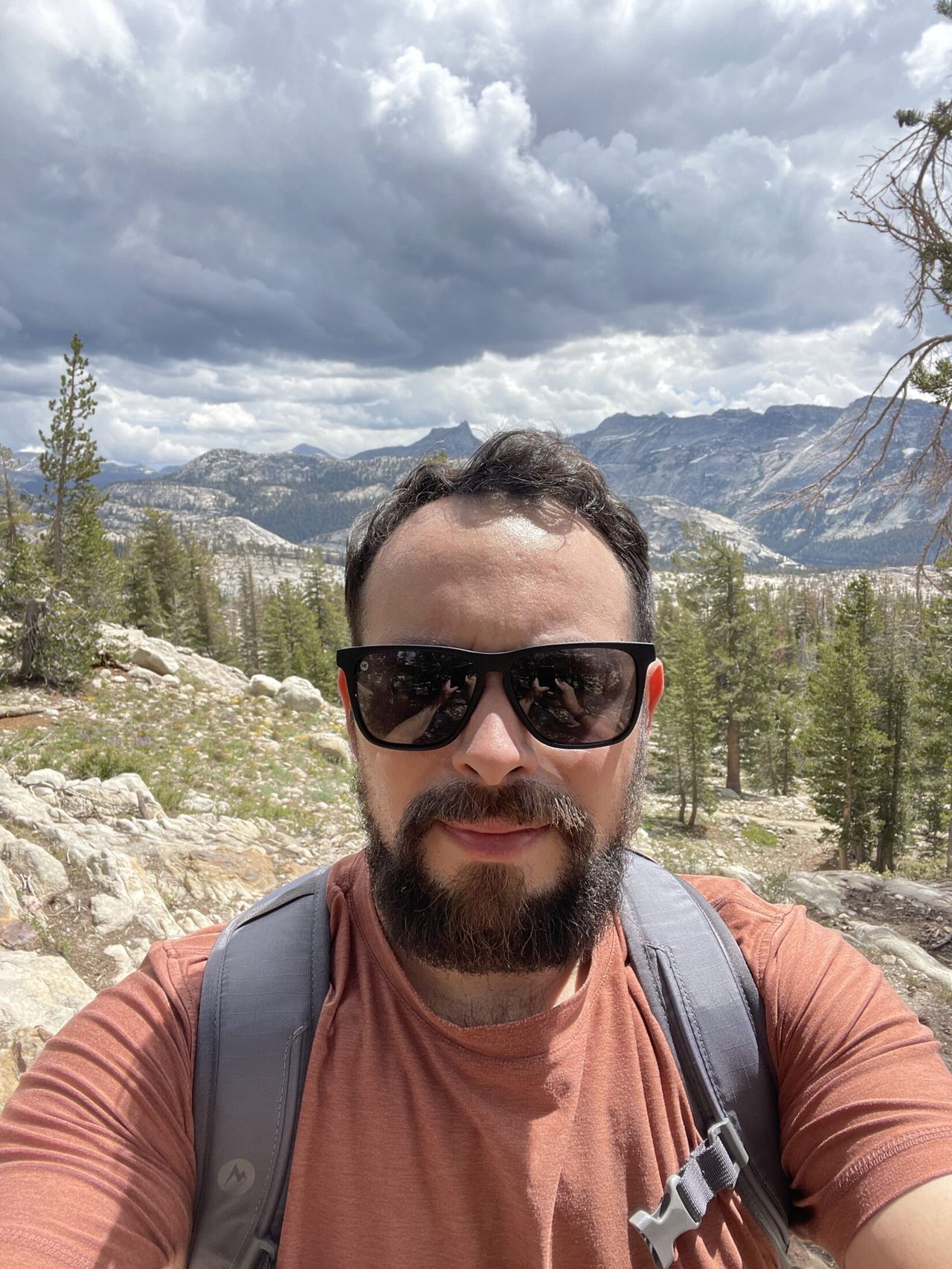 A selfie after a few switchbacks near May Lake.