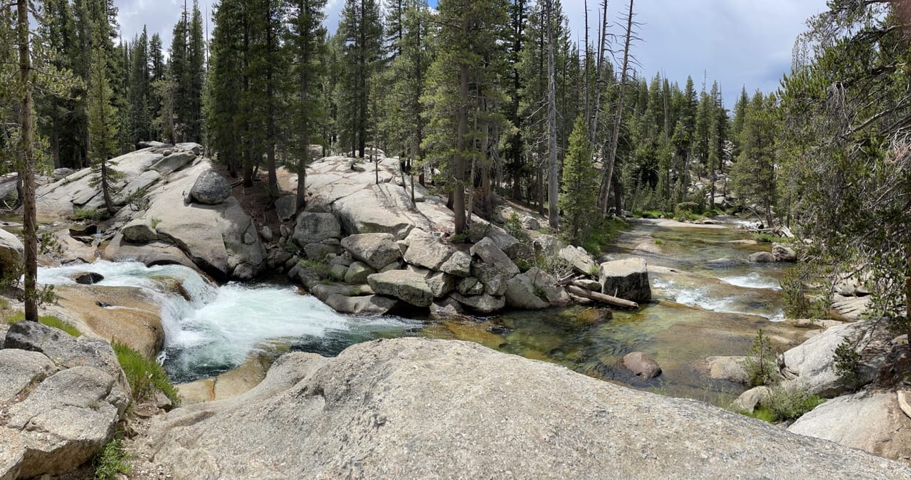 A shot of the river that runs along the John Muir Trail near Tuolumne Meadows.