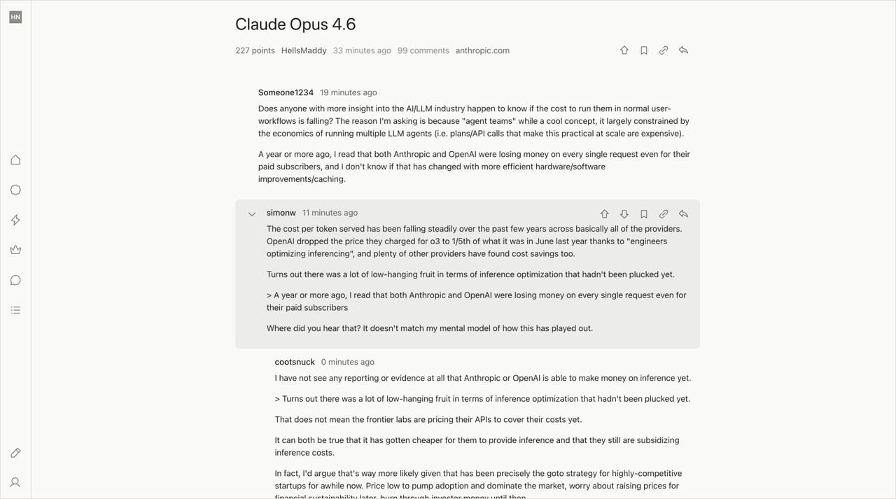 The same comment thread viewed through the Zen Hacker News extension—dark theme, cleaner typography, threaded discussion of AI inference costs