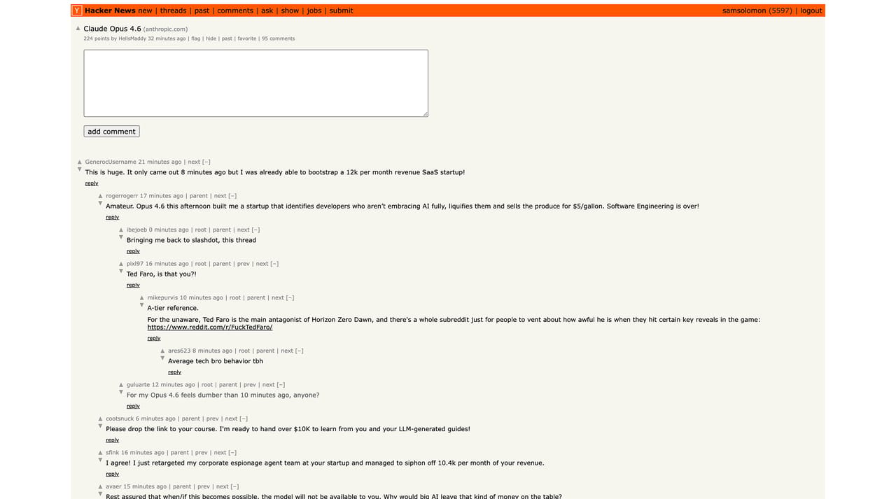 Default Hacker News interface with the classic orange header and beige background showing a Claude Opus 4.6 comment thread