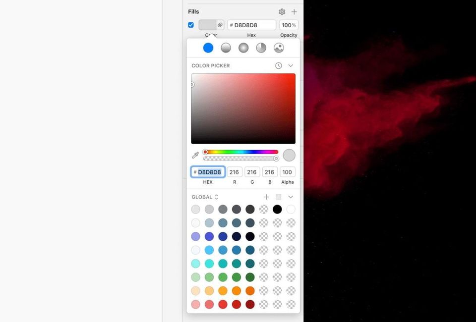 Sketch color picker with global swatches arranged in rows of grays, blues, teals, greens, oranges and reds