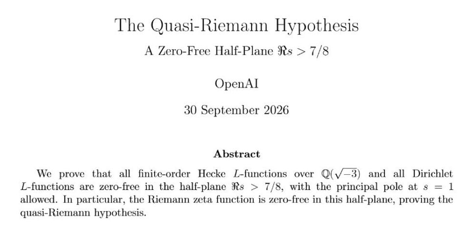 Paper titled “The Quasi-Riemann Hypothesis,” claiming a zero-free half-plane and proof of the quasi-Riemann hypothesis