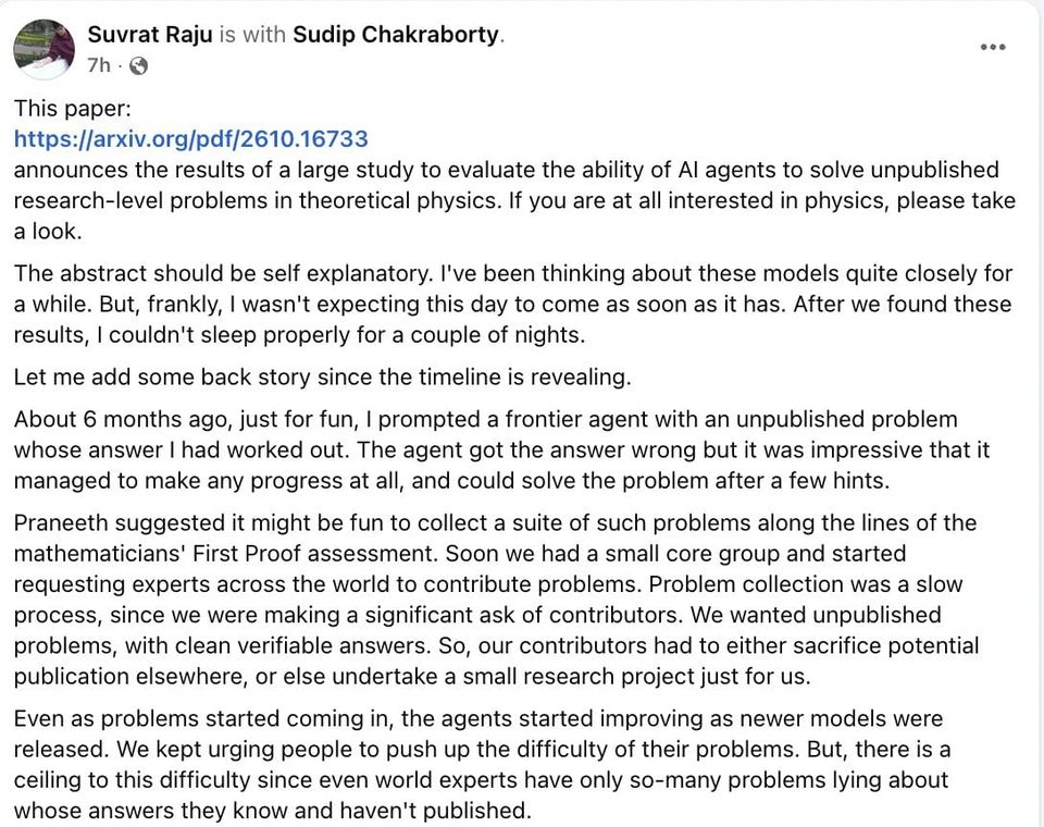 Facebook post introduces a study of AI agents solving unpublished theoretical physics problems and recounts collecting expert problems