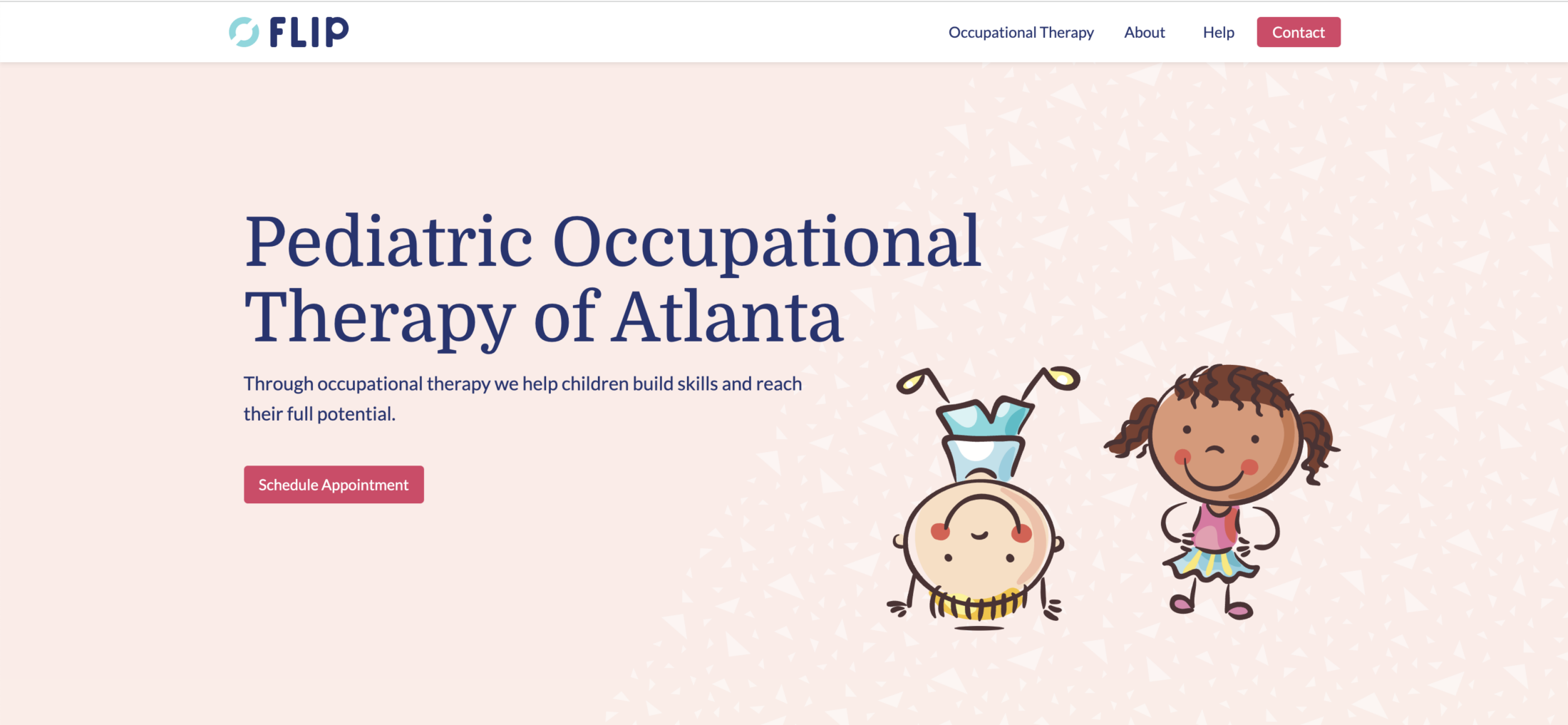Screenshot of the Flip website homepage reading "Pediatric Occupational Therapy of Atlanta" with a Schedule Appointment button
