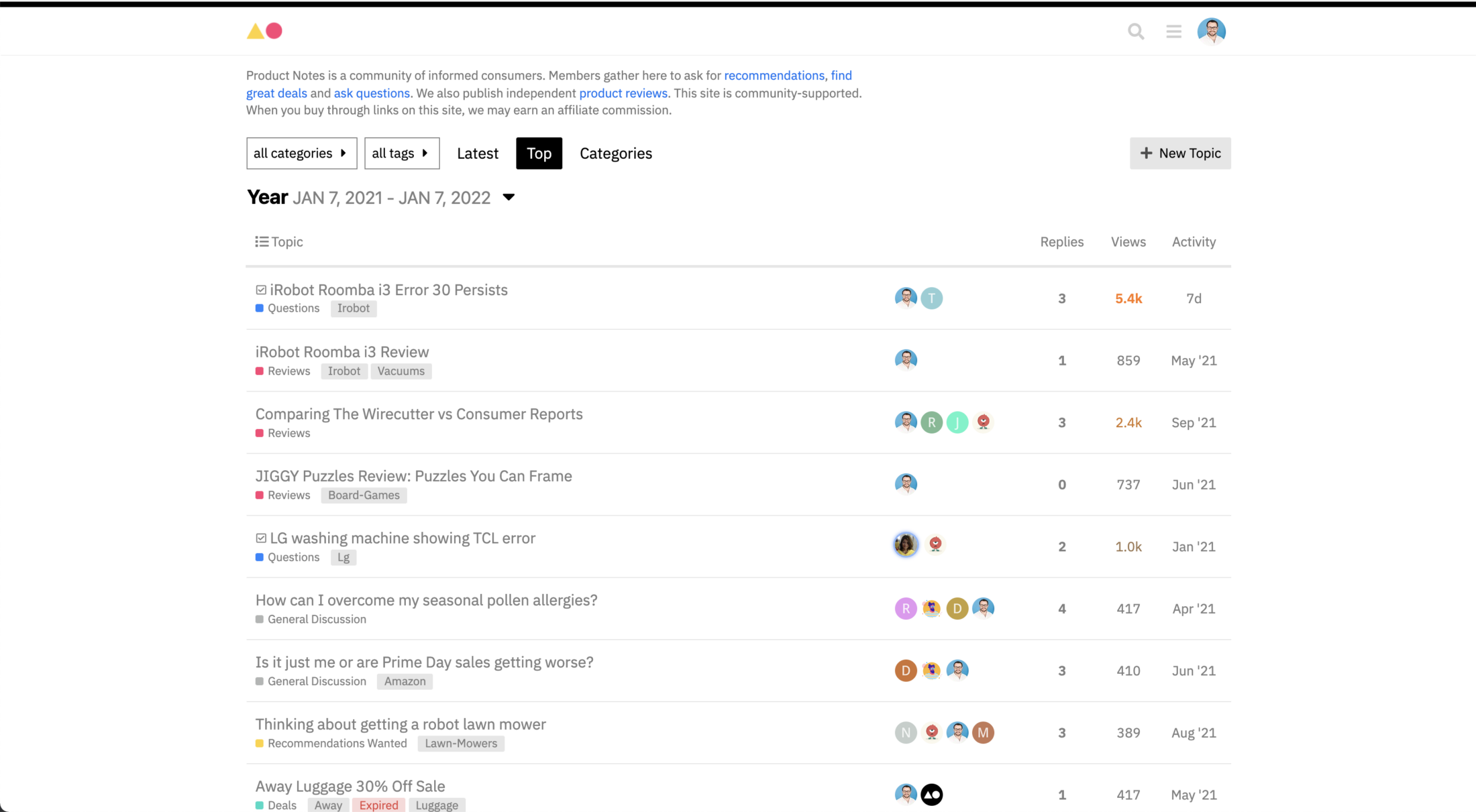 Screenshot of the Product Notes community forum showing top topics from Jan 7, 2021 – Jan 7, 2022