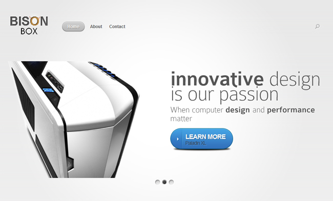 Screenshot of the Bison Box website homepage featuring a white PC tower and the tagline "innovative design is our passion