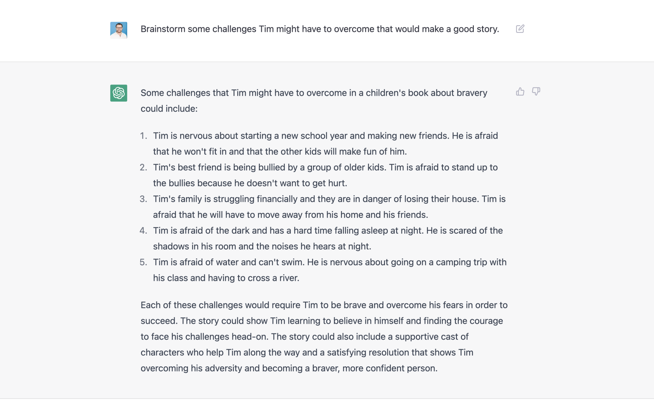 Ask ChatGPT to brainstorm some challenges the main character, Tim, might have to overcome.