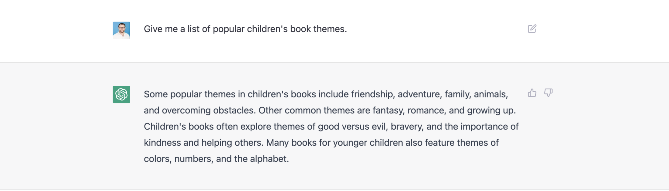 Ask ChatGPT to give a list of popular children's book themes.