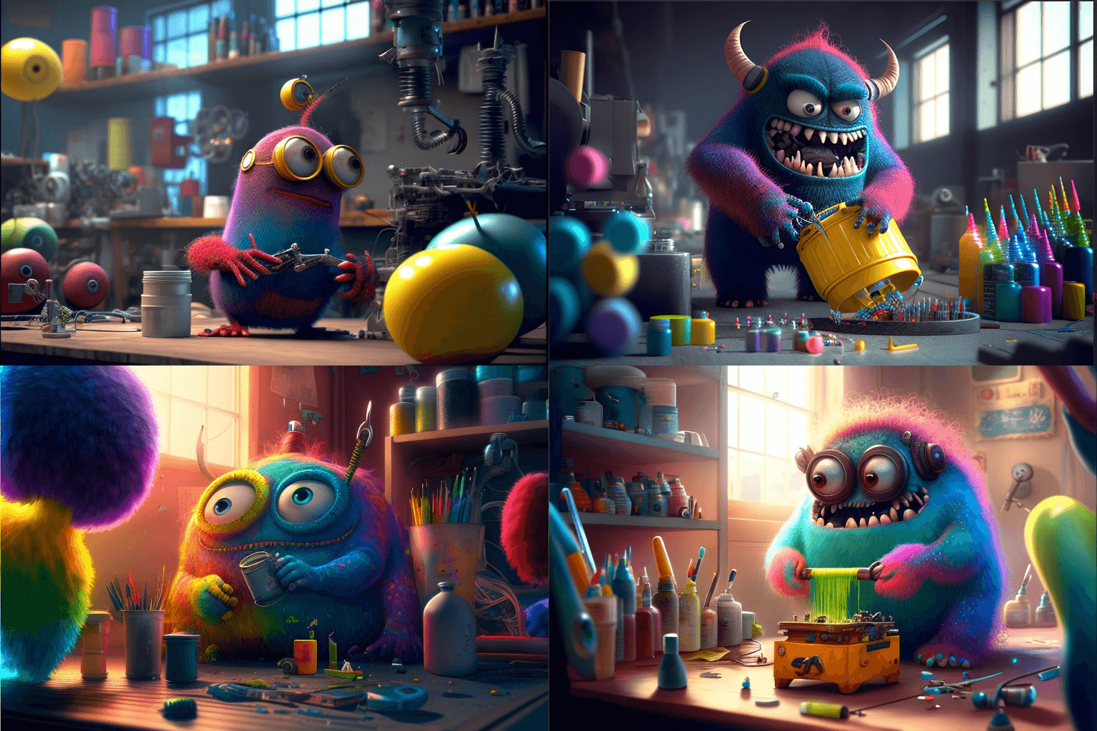 Monsters working in a rainbow factory.