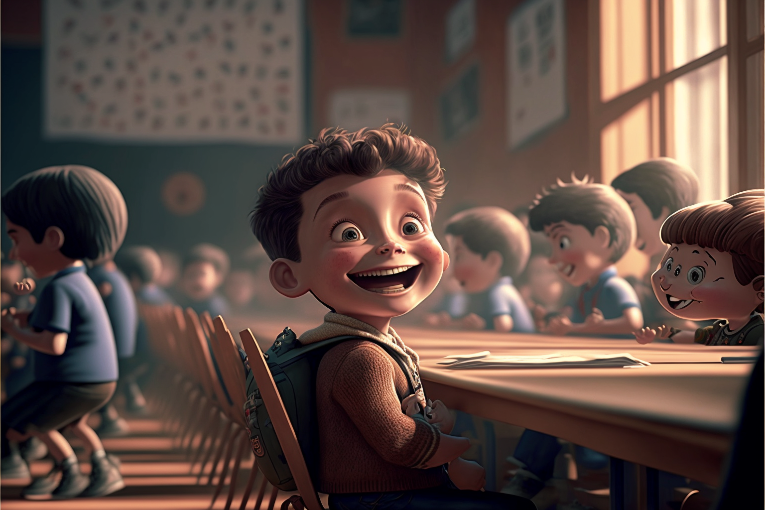 Boy laughing at classroom table.