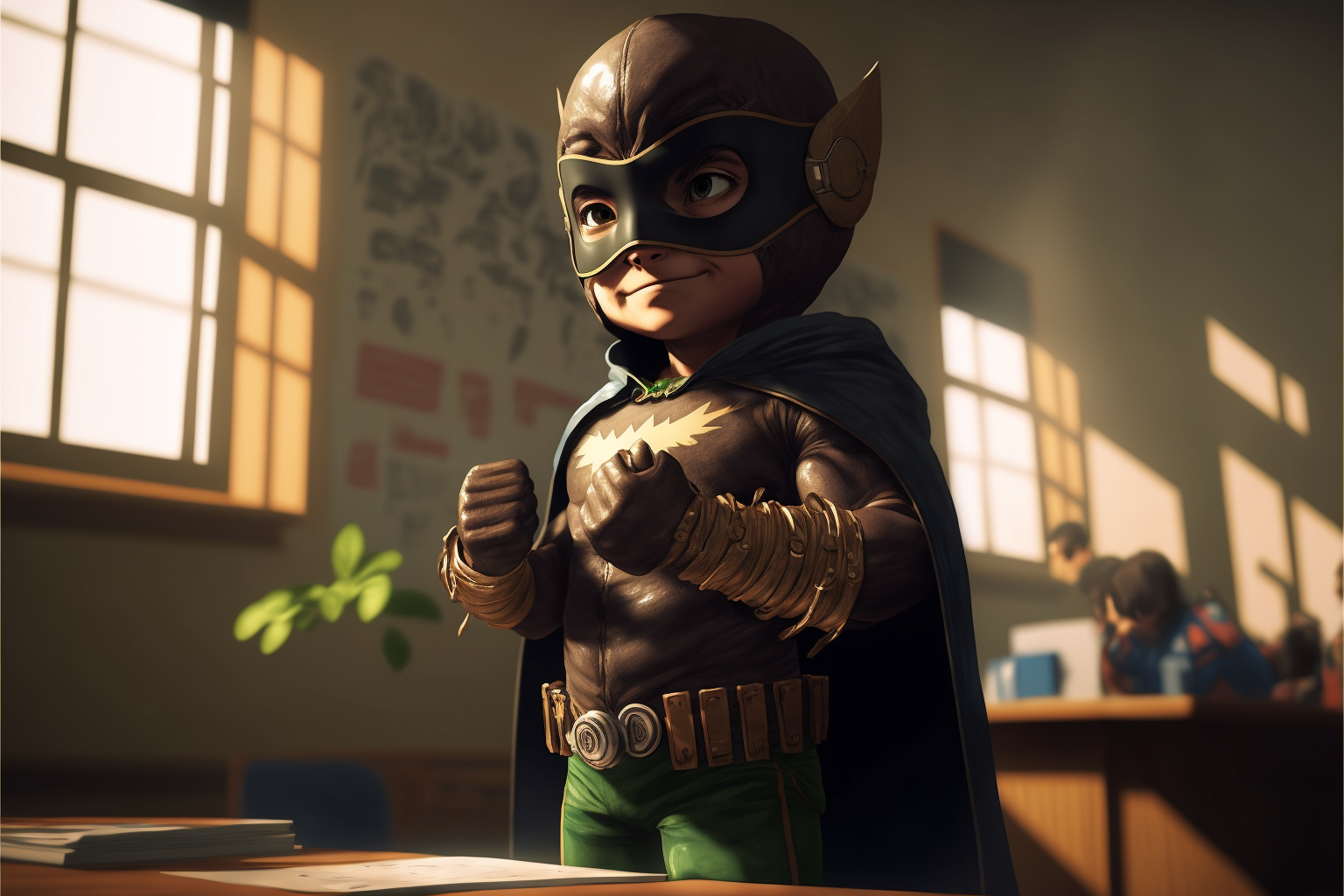 Boy dressed as a superhero poses in front of the classroom.