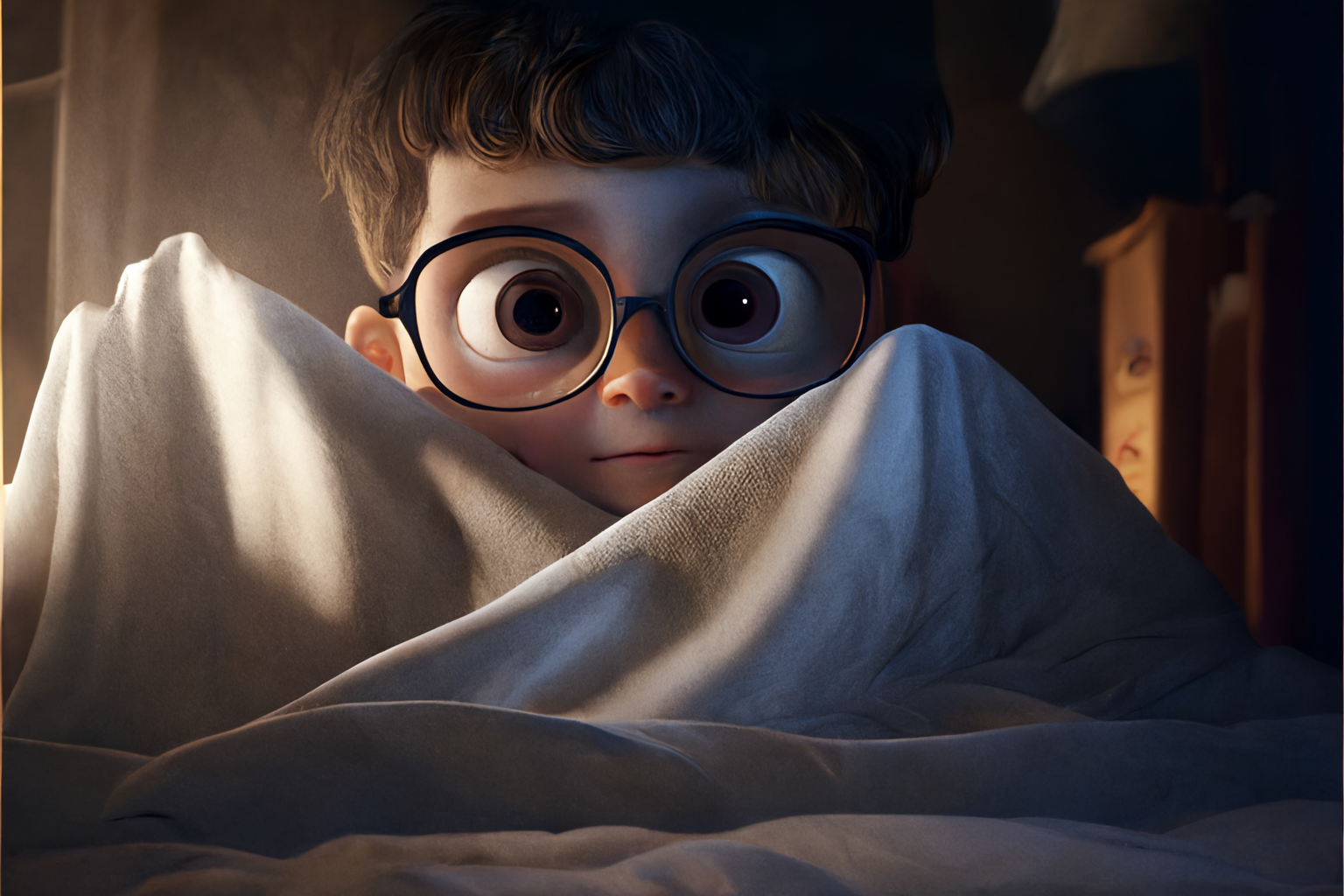 Boy with glasses hiding under sheets.