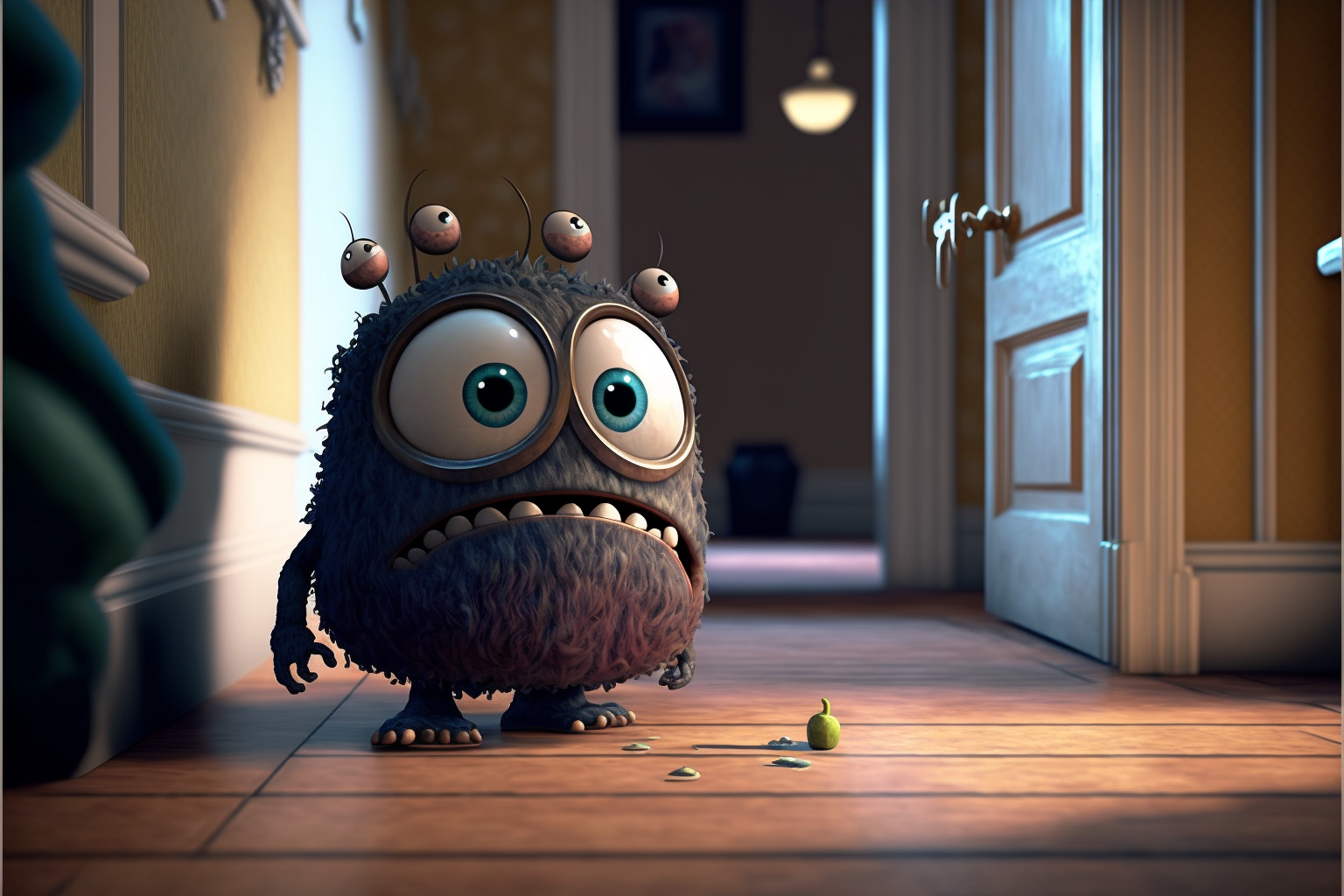 Cut monster with big blue eyes sneaks down the hallway of a house.