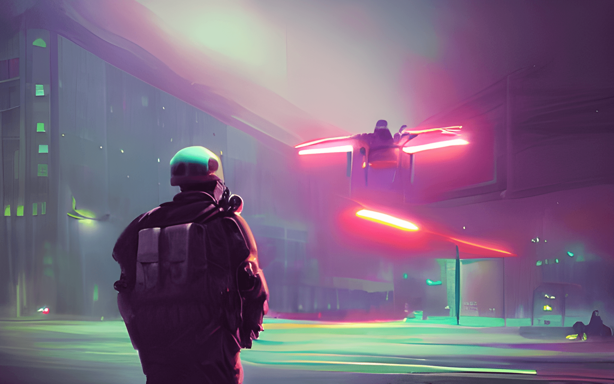 A soldier with his back to the camera stares at a drone hovering in the middle of the street.
