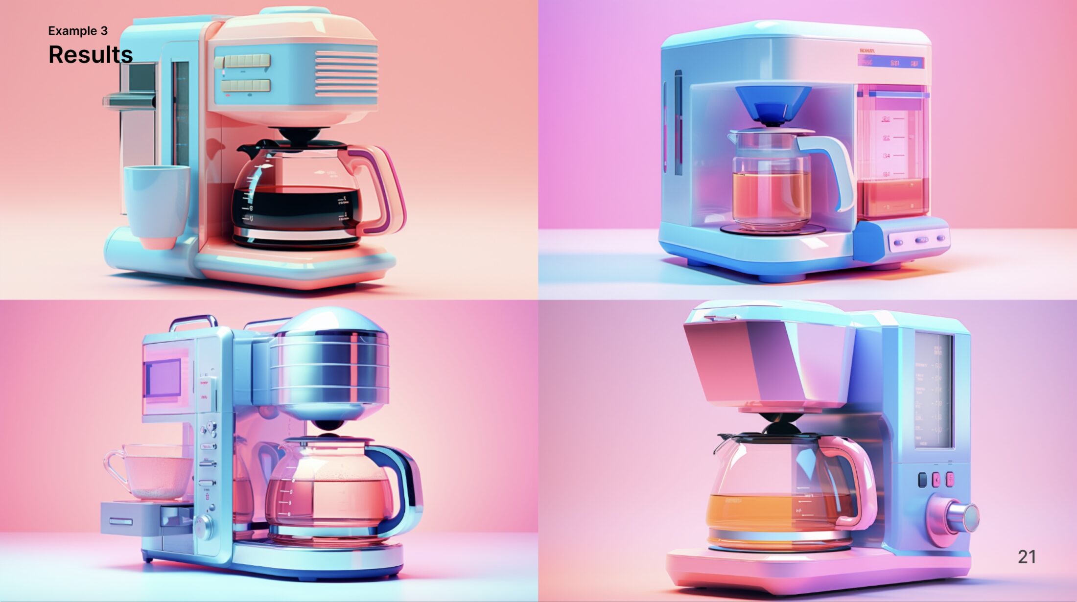 Four coffee makers with a vaporwave aesthetic.