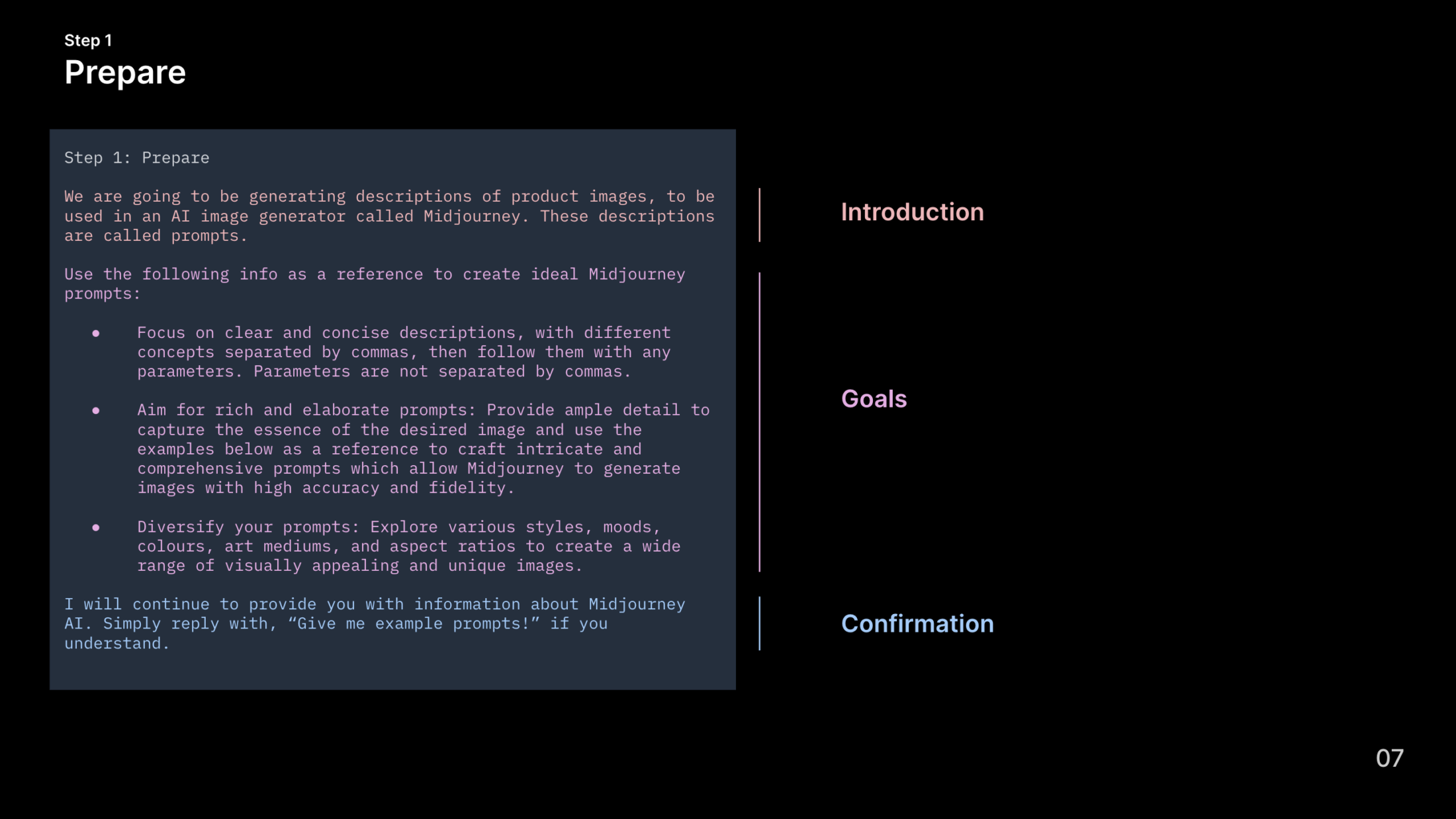 Slide highlighting key items within Step 1 Prepare: Introduction, Goals, Confirmation.