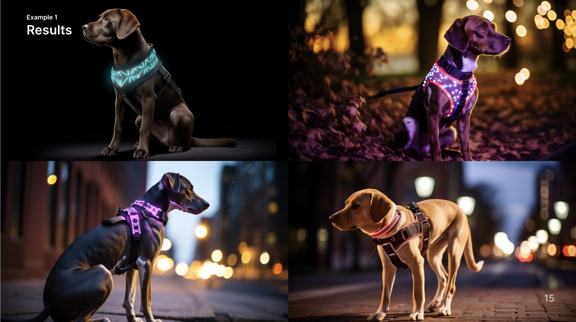 Four images of dogs wearing light-up harnesses.