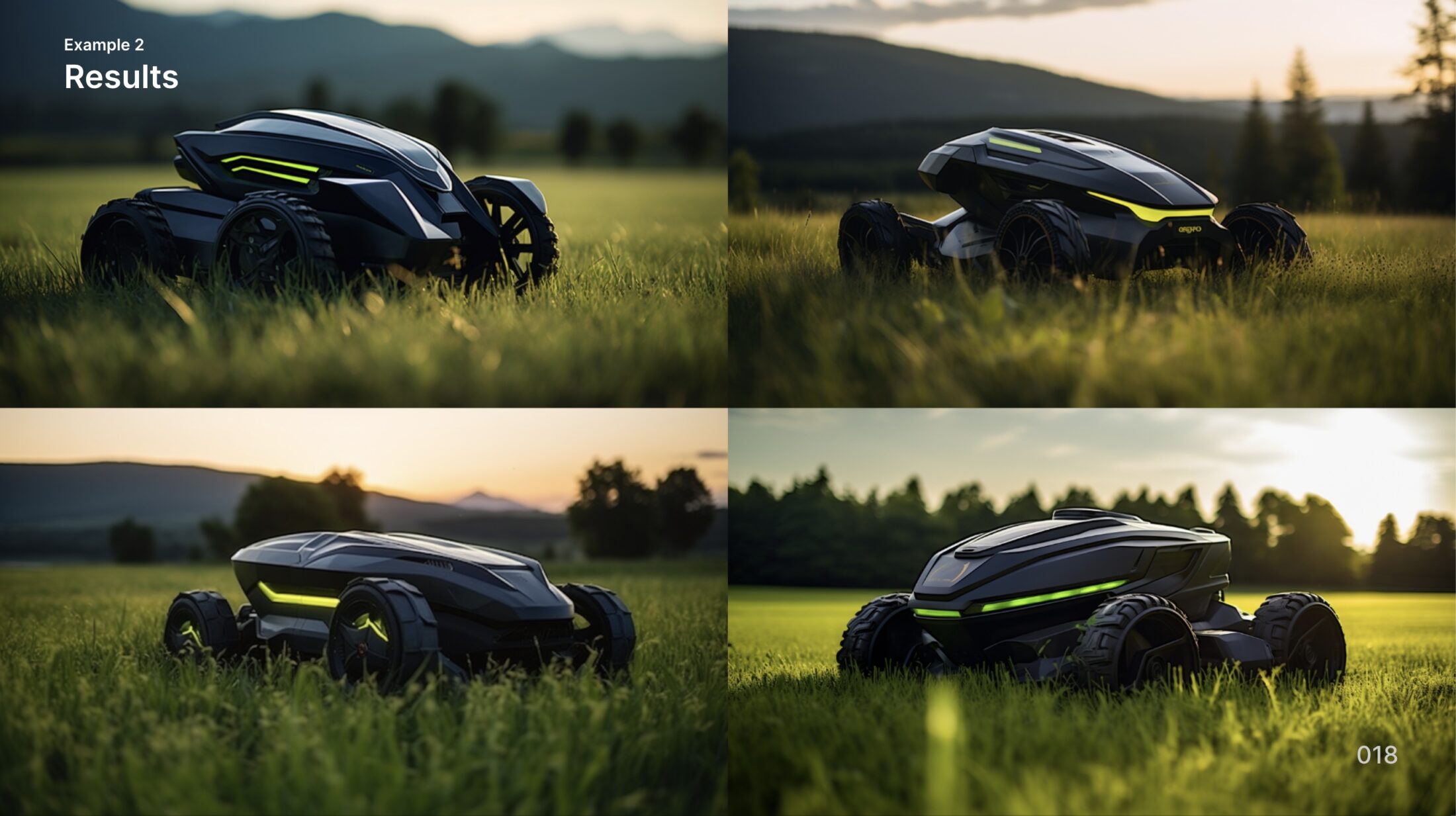Four images of robot lawnmowers with neon green accents.