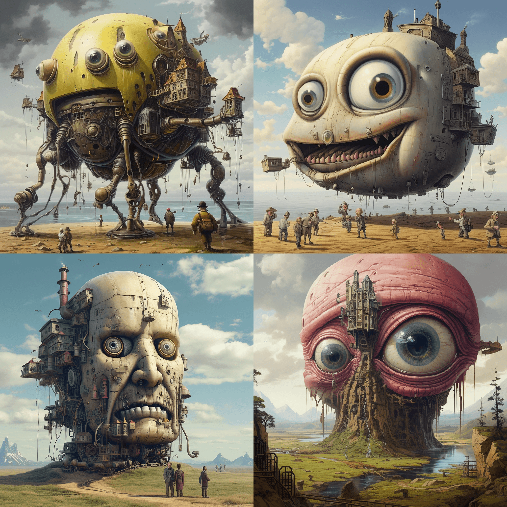 A collection of giant face houses generated in midjourney.