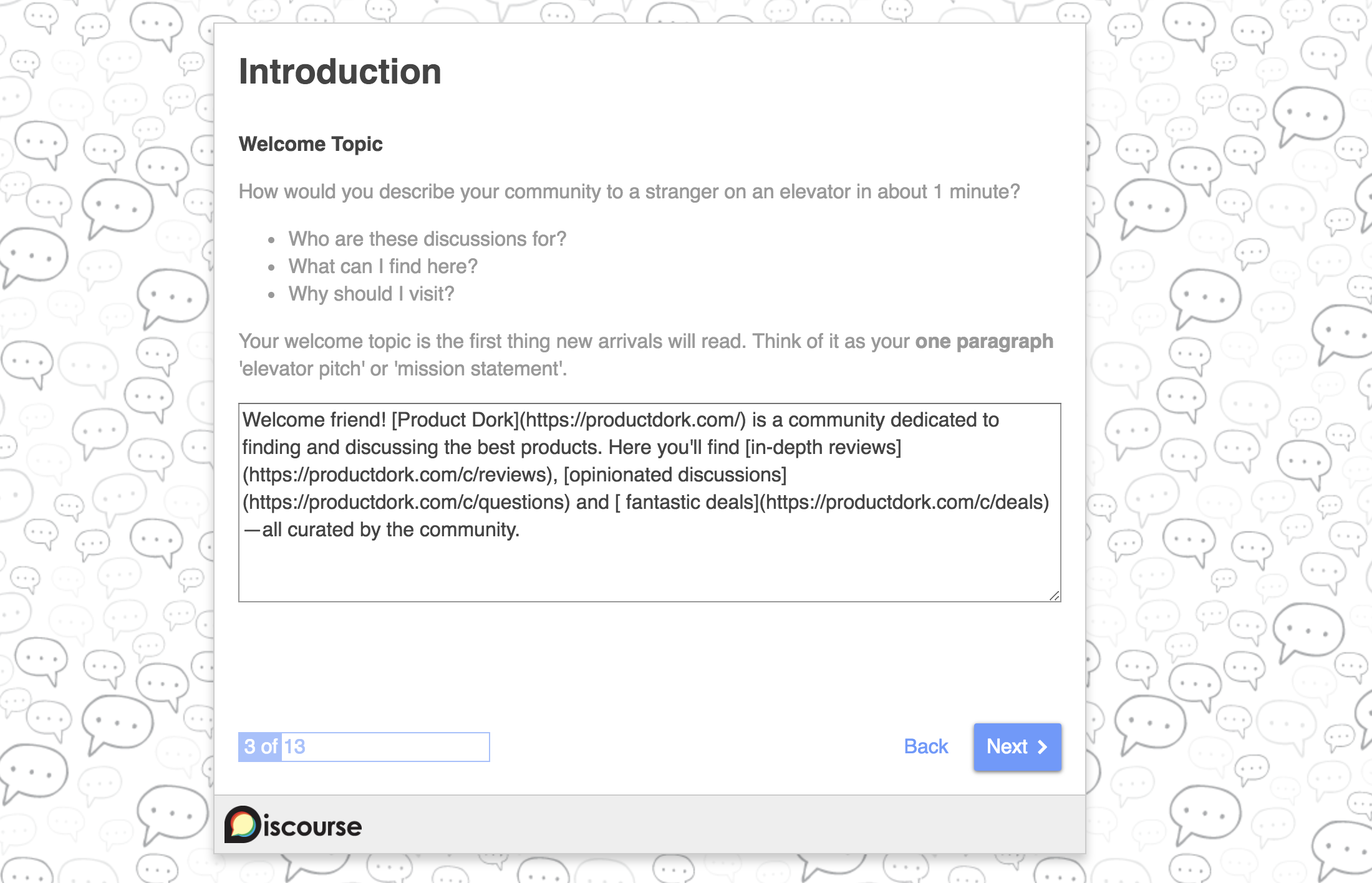 discourse setup introduction
