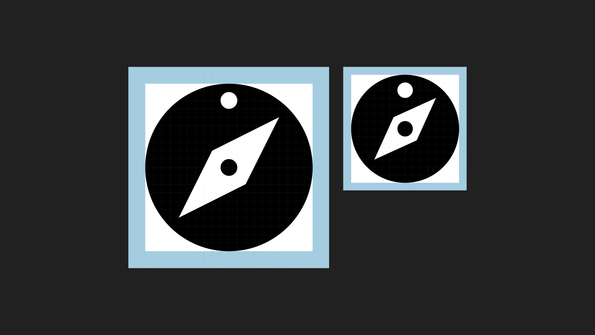 Compass icon showing grid and padding for a 24px icon and a 16px icon.